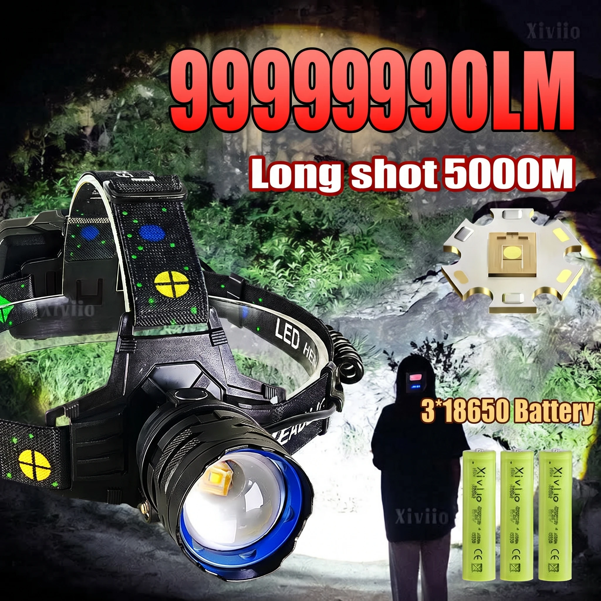 999999990LM Ultra Powerful LED Head Flashlight Super Bright Long Range 5000M Headlamp Rechargeable Head Lantern Hunting Fishing