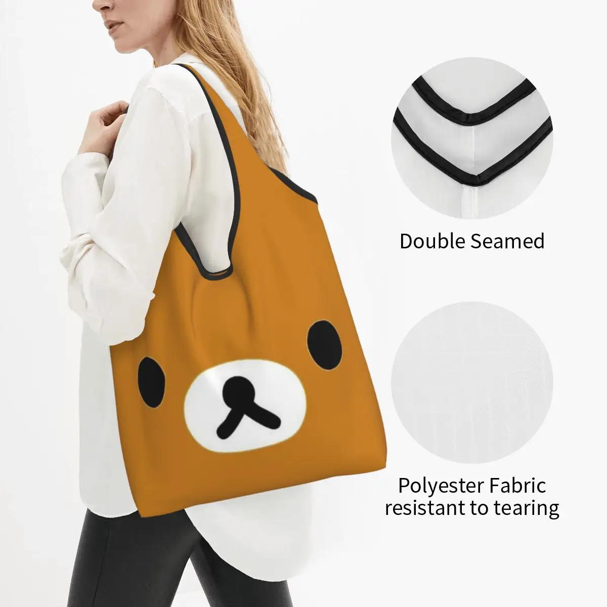 Rilakkuma Face Reusable Shopping Grocery Bags Foldable 50LB Weight Capacity Eco Bag Eco-Friendly Lightweight