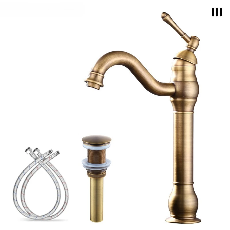 Классический антикварный латунный смеситель для раковины в ванной комнате, смеситель для горячей и холодной воды, короткий, высокий, с одной ручкой, смеситель для раковины на палубе Классический антикварный латунный смеситель для раковины в ванной комнате, смеситель для горячей и холодной воды, короткий, высокий, с одной ручкой, смеситель для раковины на палубе