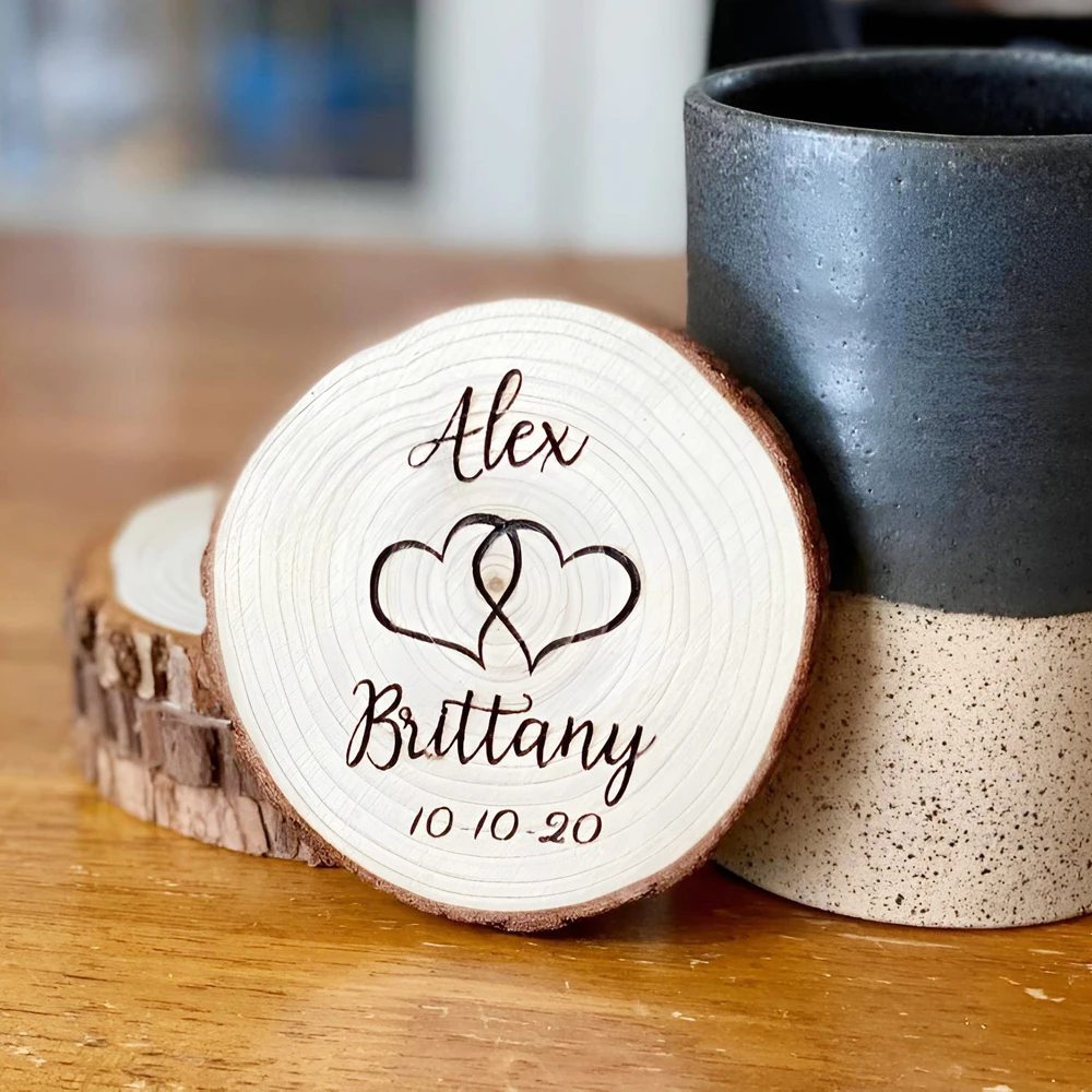 Custom Wooden Coasters with Logo, Personalized Laser Engraved, Gift for Wedding Anniversary, Valentine\'s Day