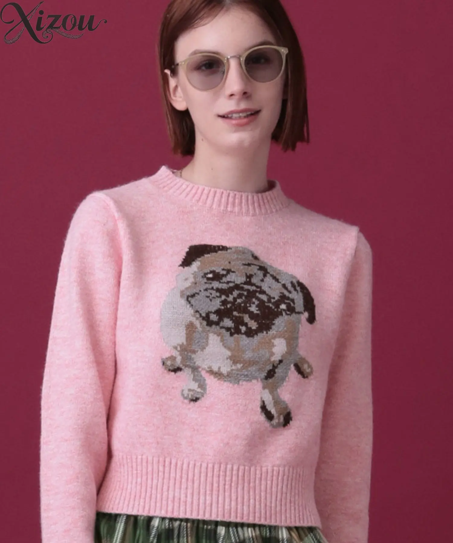 

Милые короткие вязаные свитера, осенне-зимний женский пуловер в японском стиле с милой мультяшной собакой и круглым вырезом спереди