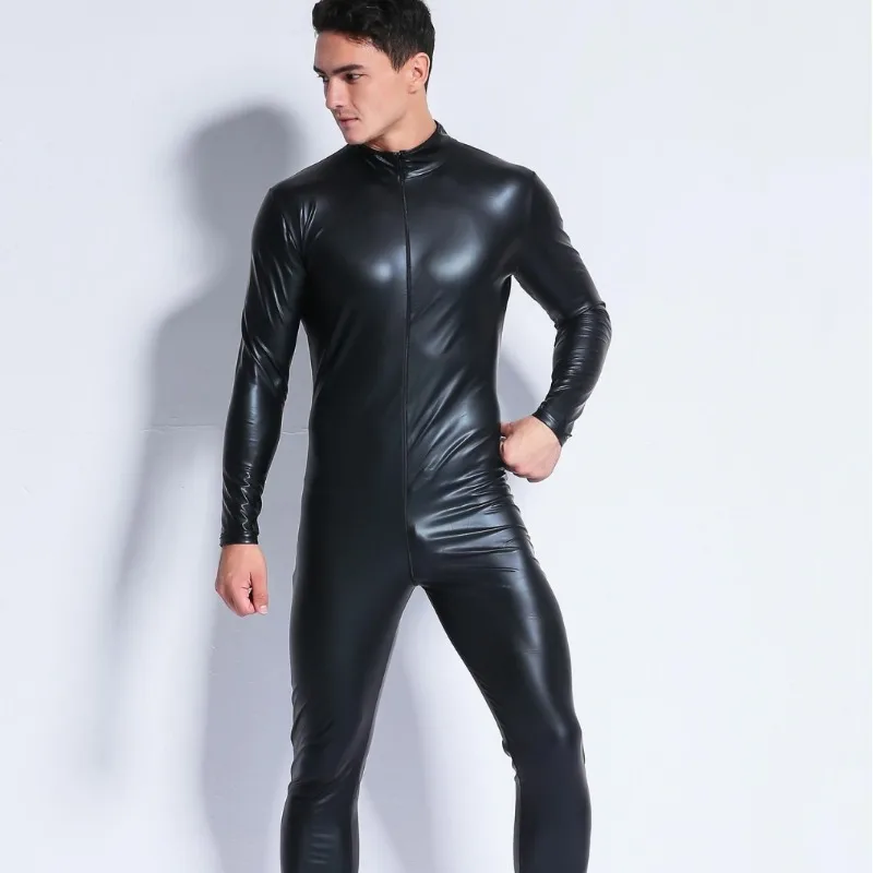 

Мужские сексуальные комбинезоны из искусственной кожи, боди без рукавов, 2-конечный купальник на молнии, соблазнительная клубная одежда, униформа для бара, сценического выступления