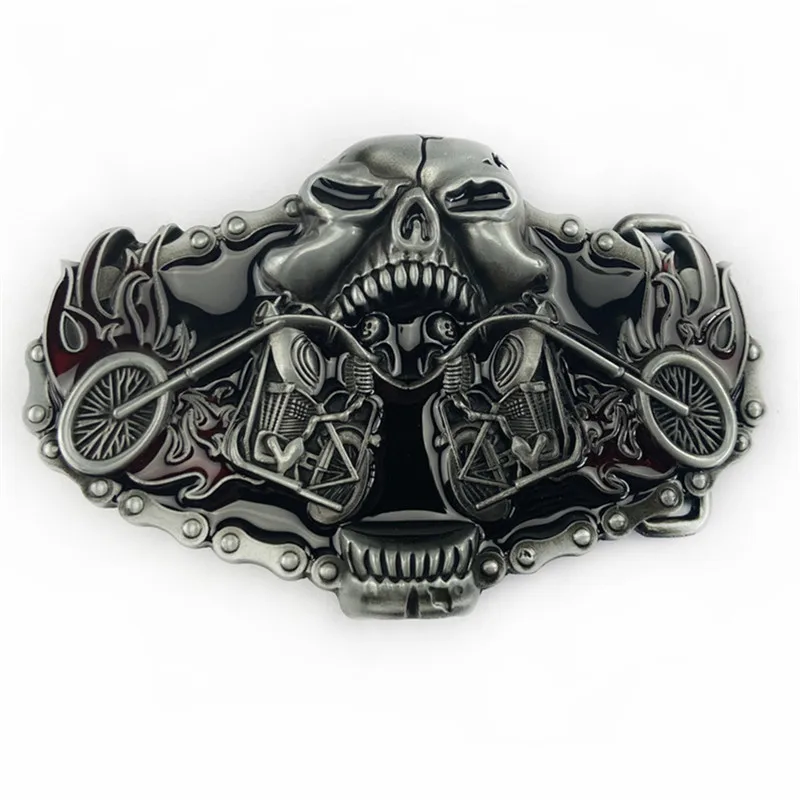Skull Motorcycle Western Style Belt Buckle - Black Leather Biker Accessory
