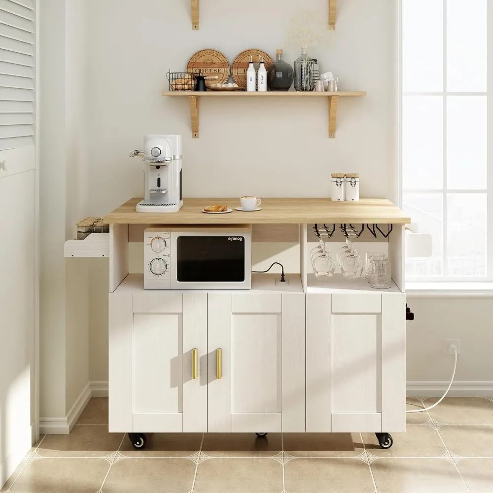 Rolling Mobile Kitchen Island Cart Bar with Desktop Drop Leaf Countertop, with 5 Wheels, with Power Socket and Towel Rack