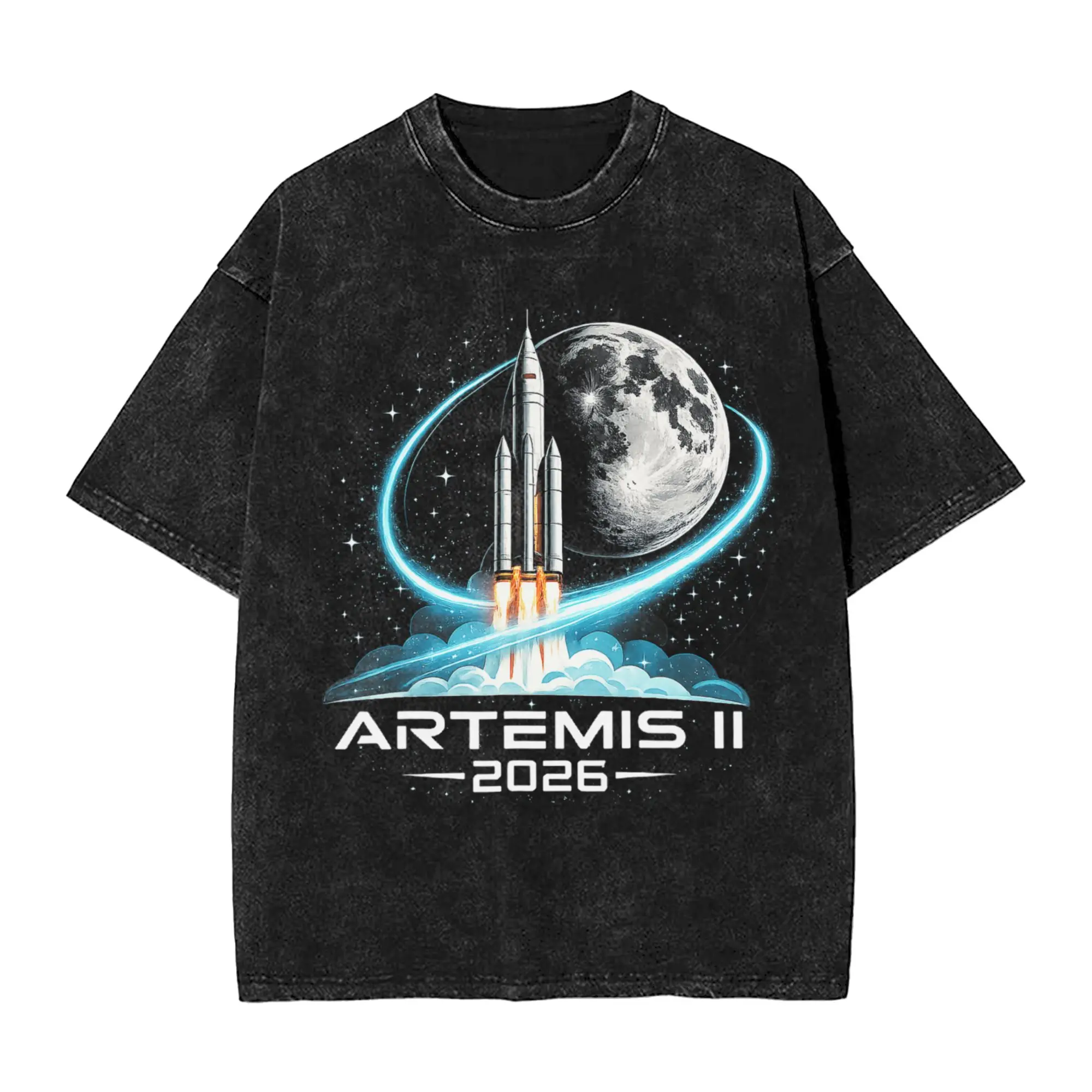 Washed T Shirt Artemis II Launch to The Moon 2026 Hip Hop Casual T-Shirt Oversize  Streetwear Graphic Printed Top Tees Men Women