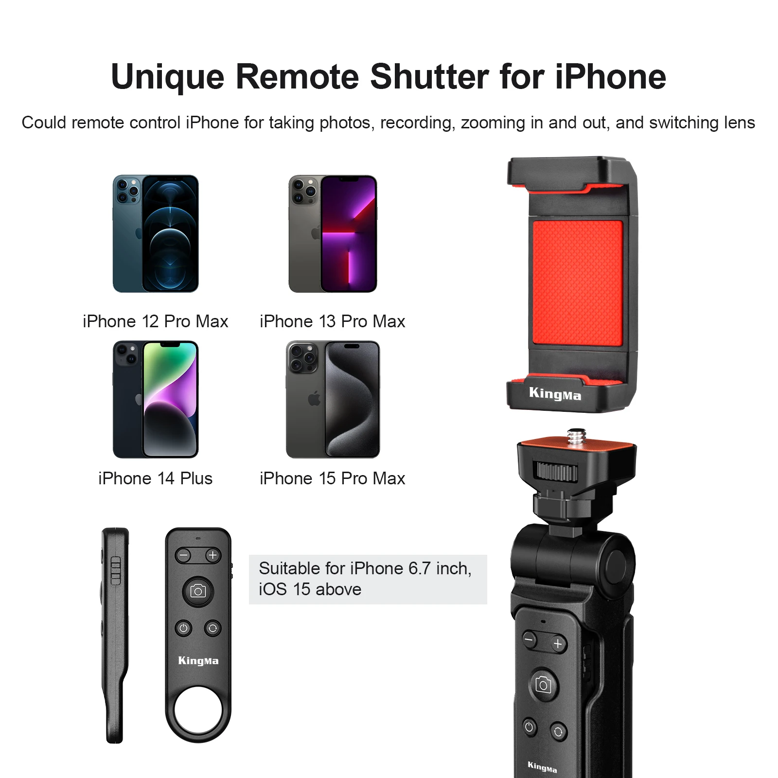 Phone Remote Shutter Tripod,Detachable Remote Control for iPhone Video Photo Shooting/Zooming/Lens Switching, for iPhone13/14/15