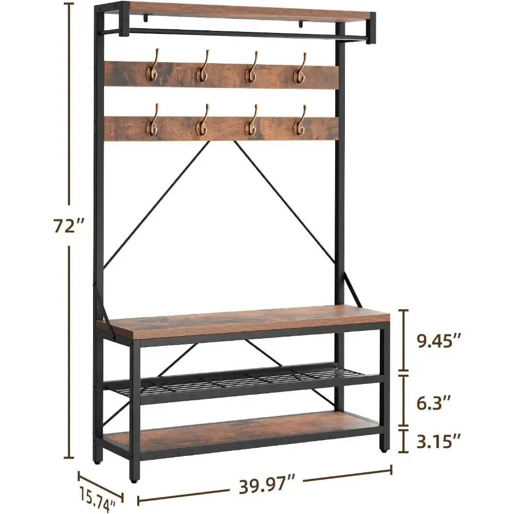 Clothes and hats rack,entrance tree storage stool,shoe rack stool with storage rack suspension rod,8 hooks,clothes and hats rack