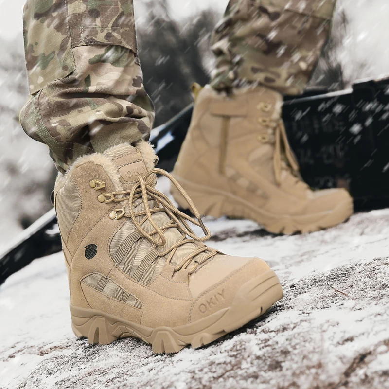 Botas militares de combate antideslizantes para hombre, botines tácticos de piel cálida de talla grande, zapatos de nieve del ejército para motocicleta, Invierno