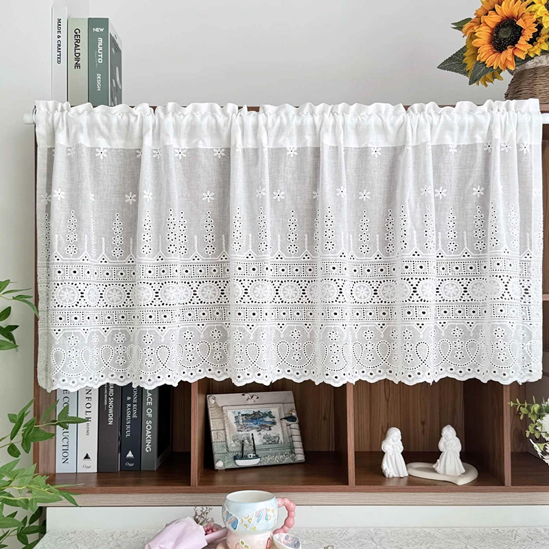 European Simple and Exquisite Hollowed Flower Embroidery Cafe Curtain White Elegant Cloth Short Curtain For Kitchen Cabinet