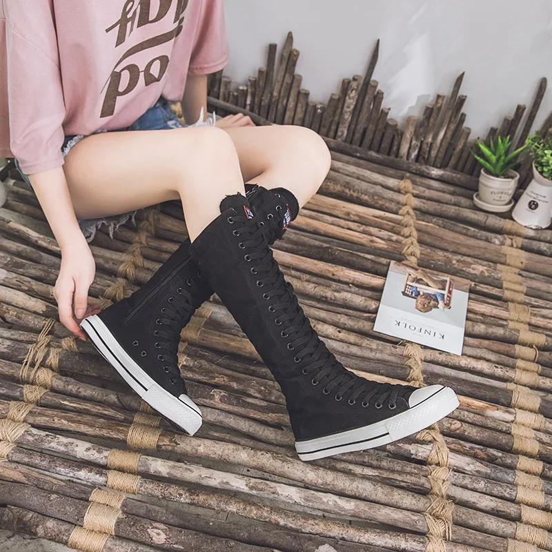 2017 New Fashion 3Colors Women\'s Canvas Boots Lace Zipper Knee High Boots Boots Flat Shoes Casual High Help Punk Shoes Girls