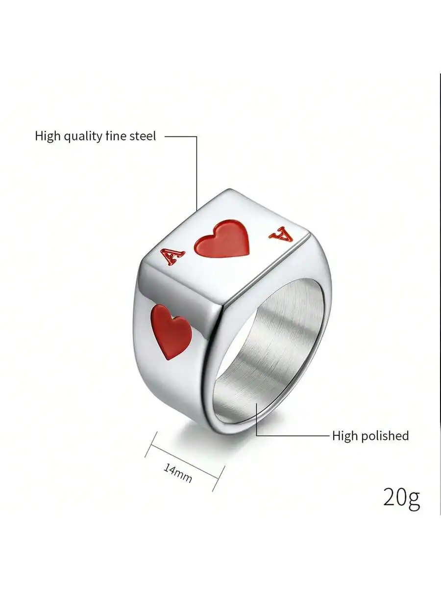 Stainless Steel Poker Card Ring For Men, Ace Of Hearts Design