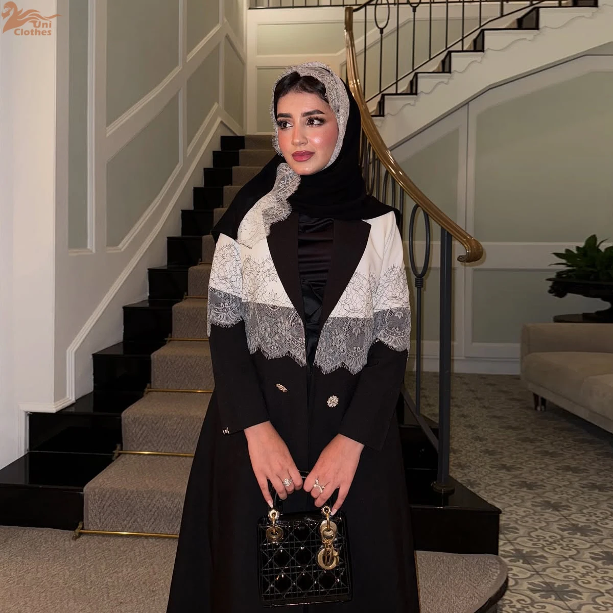 

Uni Abayas For Woman Dubai Luxury 2025 Patchwork Lace Cardigan Hijab included Turn-down Collar Kaftan