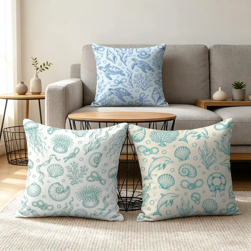 Ocean Line Drawing Cushion Cover Summer Linen Pillow Case Organic Fabric Cushion Cover Double-Sided Print Sofa Home Decor
