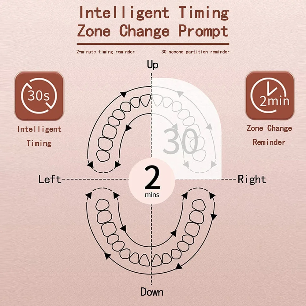 성인용 음파 전동 칫솔, 스마트 타이밍 칫솔, 빠른 치아 미백, USB 충전식 칫솔 교체 헤드