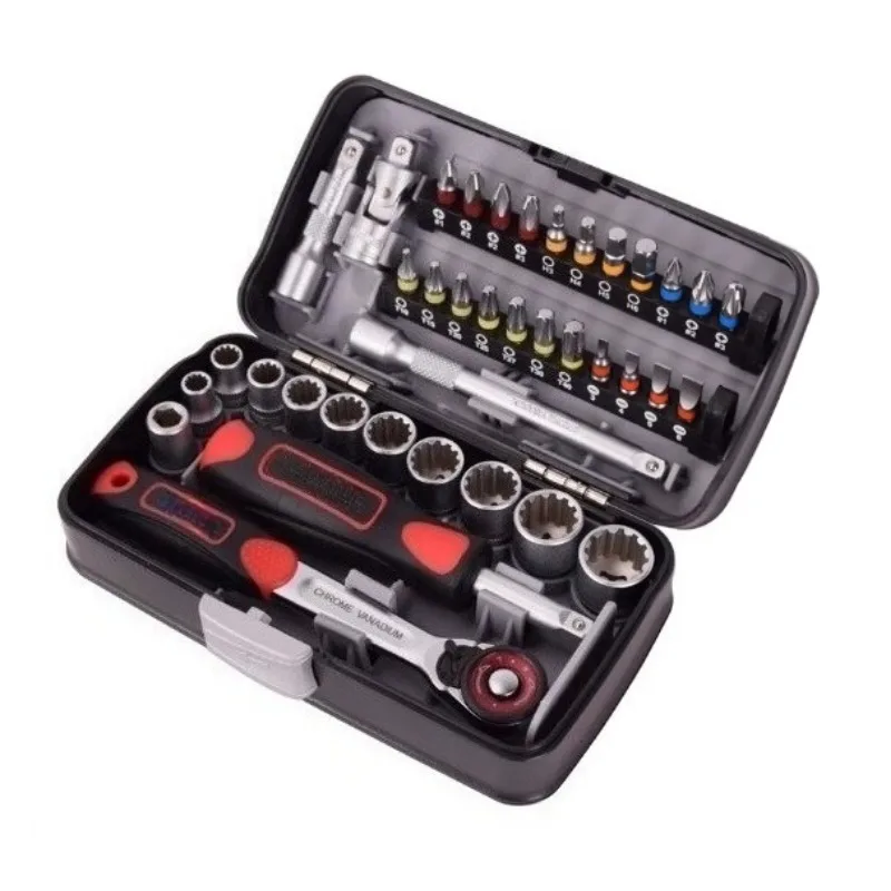 Portable 38Pcs Socket & Bit Kit Mini Ratchet Wrench Hardware Repair Combination Set