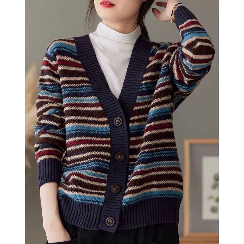 

Женский свитер для верхней одежды, осень-зима, новый стиль, модный вязаный кардиган с полосатым воротником в стиле ретро, повседневное свободное универсальное пальто