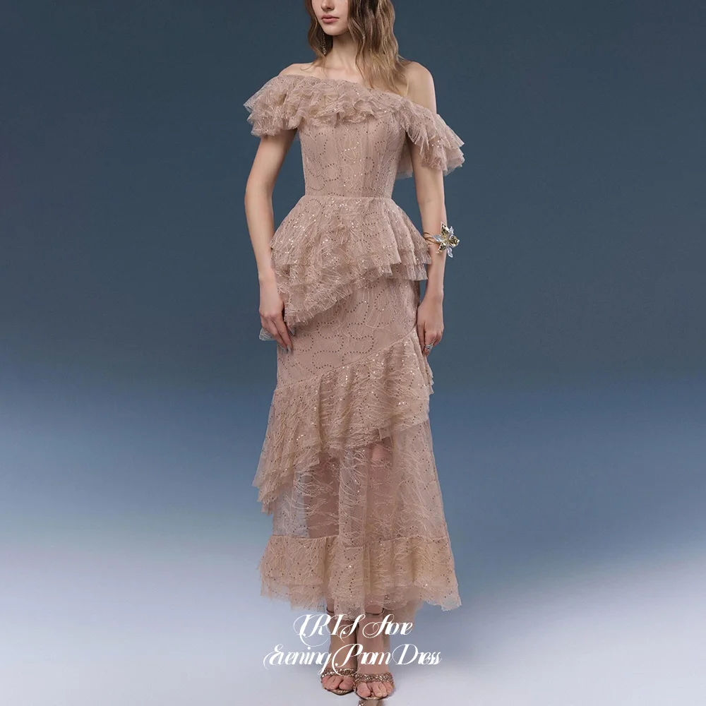 IRIS Romantic Sparkly Lace Midi Cocktail Gowns Off The Shoulder Ruffle Neckline Multi Layer Irregular Tiered Sheer Prom Dress