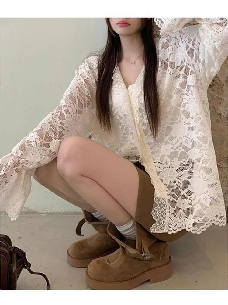 

Elegant Hollow out Long Sleeve Lace Shirt Women's Gentle Personality Loose V Neck Fashionable Versatile Stylish Top Base Layer