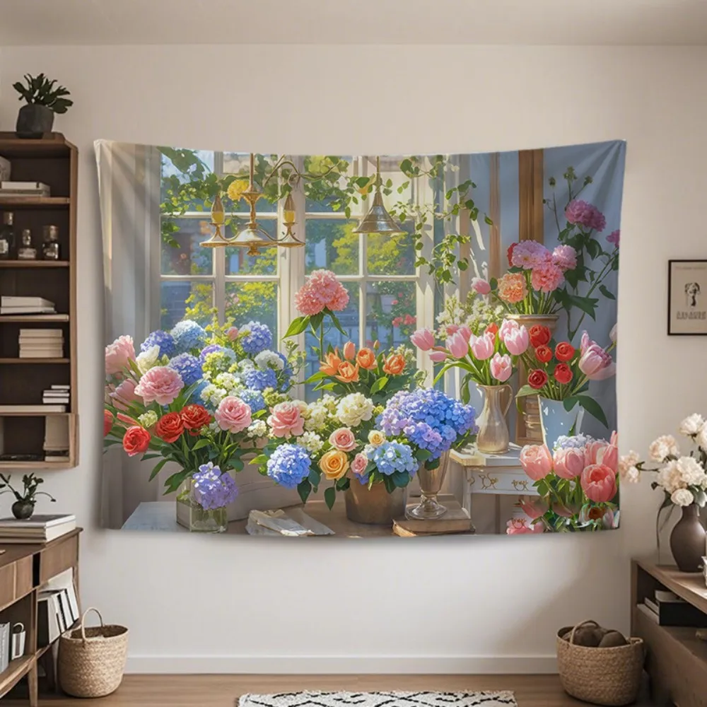 VIKAMA Französischer Blumen-Wandteppich, Vintage-Blumen-Schlafzimmer-Wandbehang, Live-Streaming-ästhetischer Hintergrund, Foto-Wanddekoration, Café