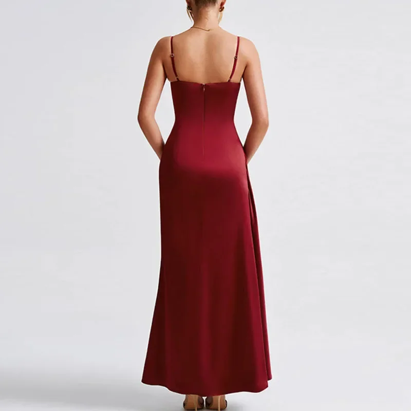 Sommer Satin Spaghetti Strap Sexy Kleid Frauen Elegante Liebsten Split Langes Kleid Chic Backless Zips Bodycon Party Kleid Vestidos