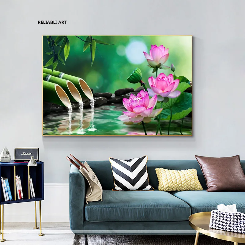 Green Bamboo Lotus In Water Wall Posters Canvas Art Print Pictures Stone Flower Home Decor Paintings For Living Room Decorations