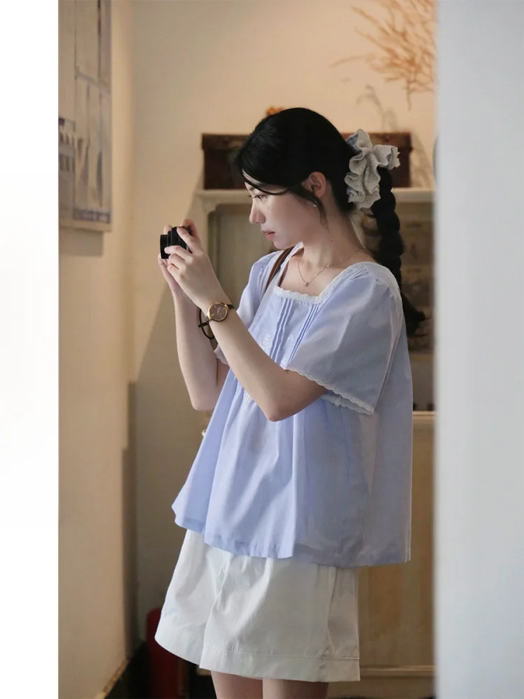 

Rame Artistic Embroidered Ruffle Collar Gingham Plaid ort Sve Cotton Retro irt for Women Straight Cut Summer 2025