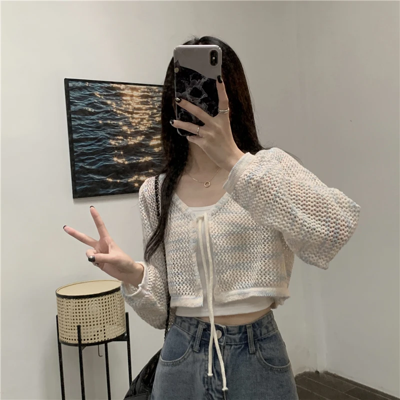 Women's Fashion Gradient Hollow Long Sleeve Lace-up Casual Short Knitted Cardigan