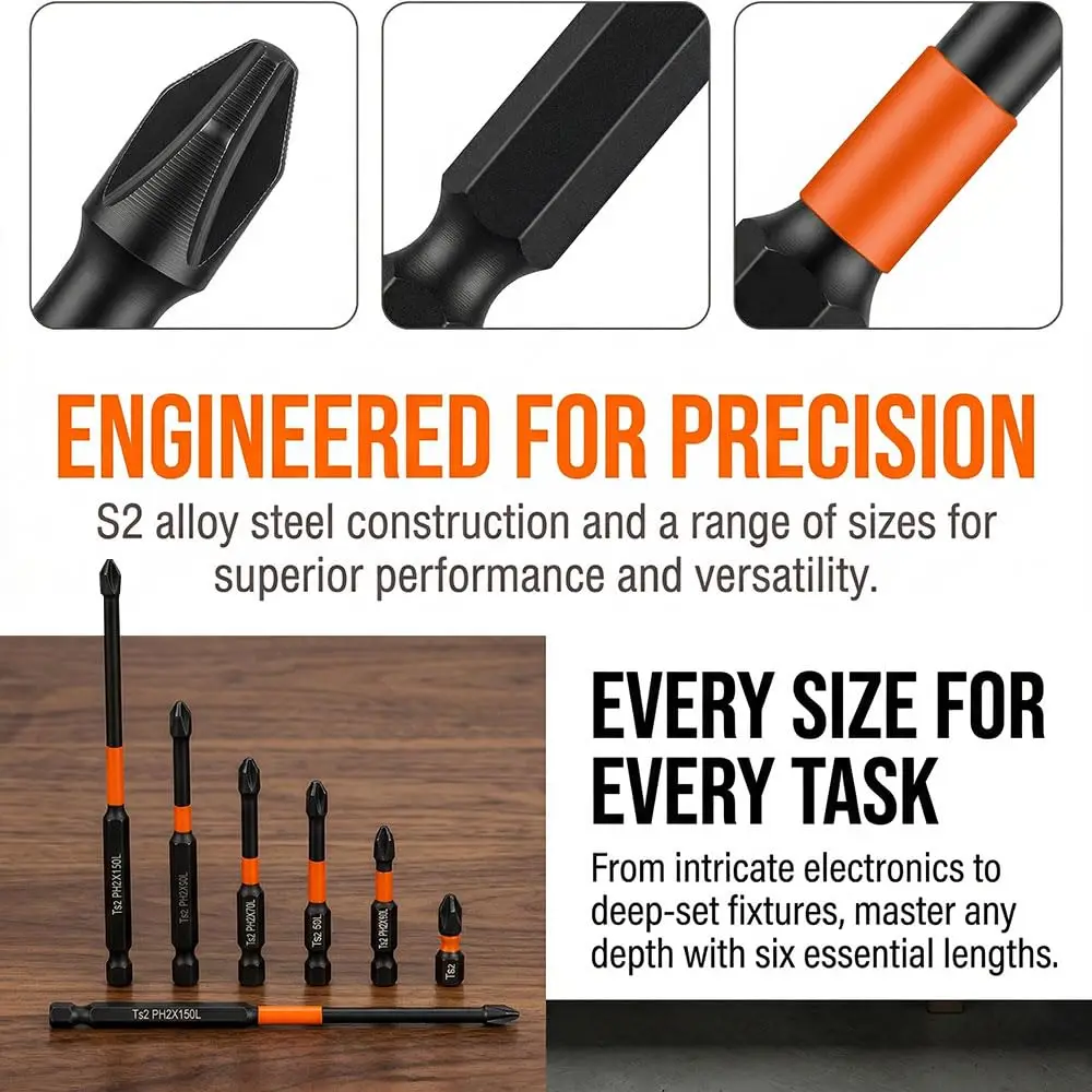 5Pcs PH2 Magnetic Cross Bit Set Special Slotted Cross Phillips Impact Batch Head Hardness Screwdriver Bit Screw Driver Hand Tool