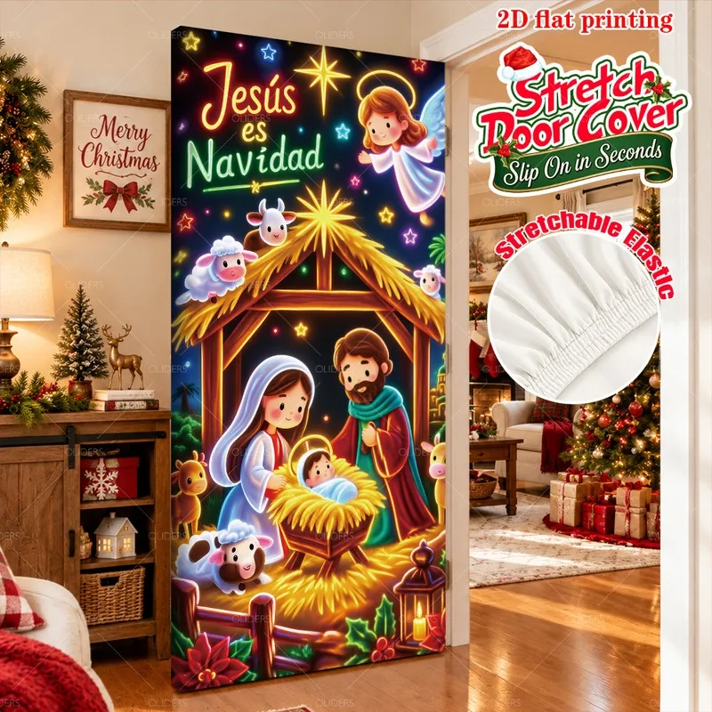 VIKAMA Walking Santa Gift Door Cover, Stretchable Xmas Snowy Path Christmas Door Banner for Winter Holiday Decor