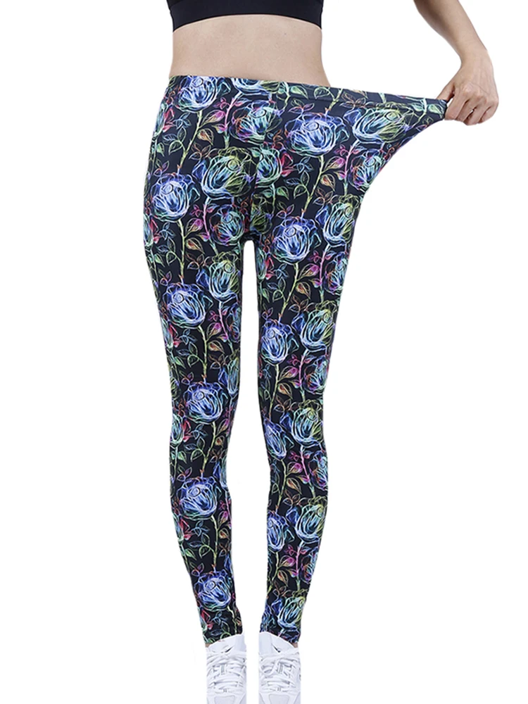 CHSDCSI Frauen Sexy Elastische Enge Sport Casual Leggings Damen NEUE Rose Fluoreszenz Floral Bedruckte Hosen Lauf Workout