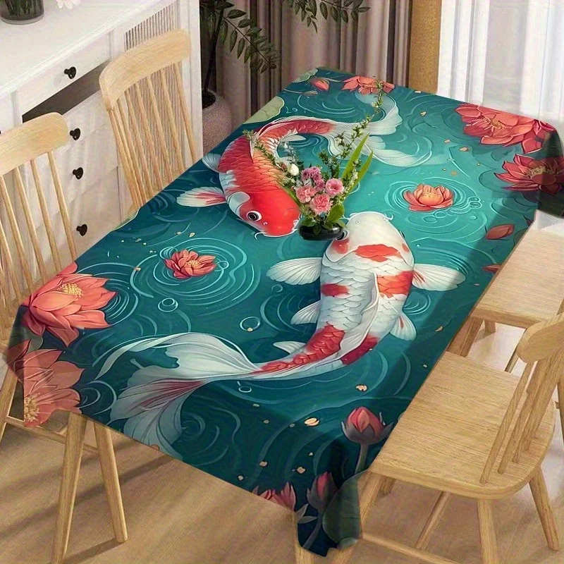 1 piece of lotus pond koi tablecloth | Enjoy the beauty of Chinese style, made of durable polyester fabricxzj
