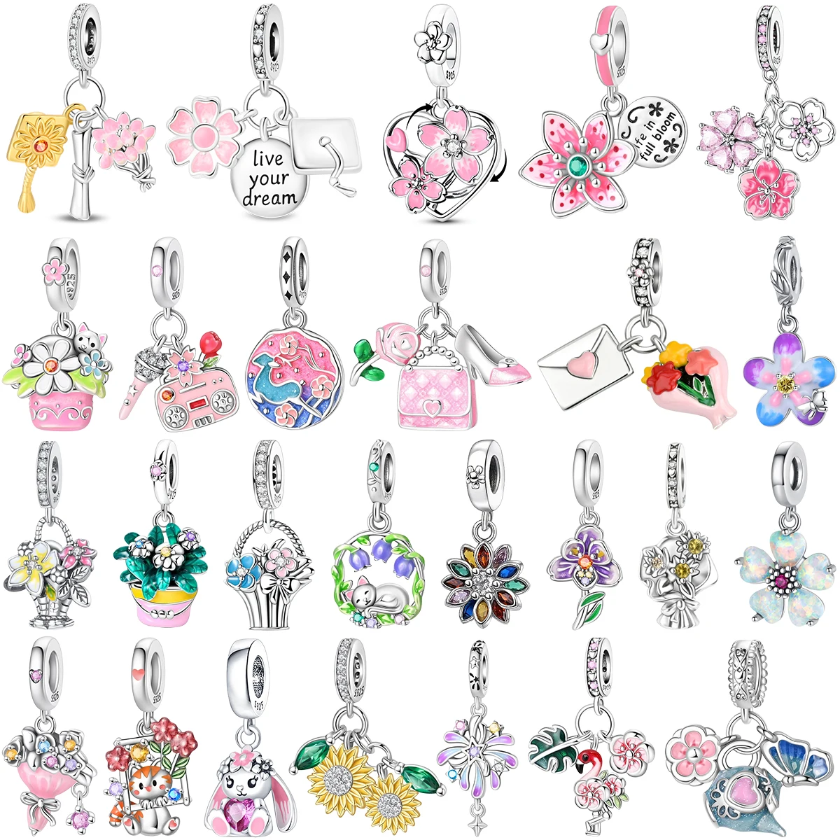 Dijes de Plata de Ley 925 con Flores Rosadas: Sakura, Loto, Girasol, Rosa y Mariposa para Pulseras y Collares DIY