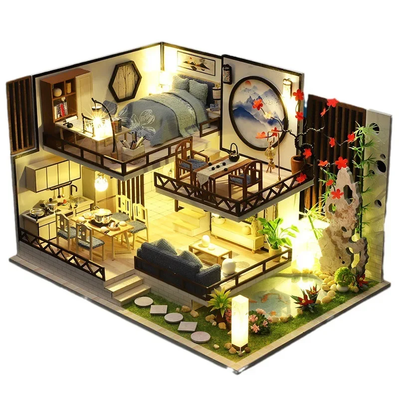 اليابانية لوفت كازا لتقوم بها بنفسك مجموعات بناء خشبية مصغرة بيوت الدمى مع أضواء الأثاث بيوت الدمى لهدايا عيد ميلاد الأصدقاء