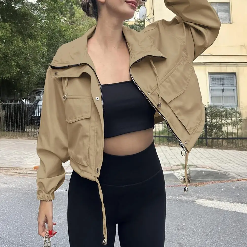 

Women Cropped Utility Jacket Zip Up Oversized Anorak Coat With Pockets Autumn Drawstring Short Autumn Zipper Trench Outerwear