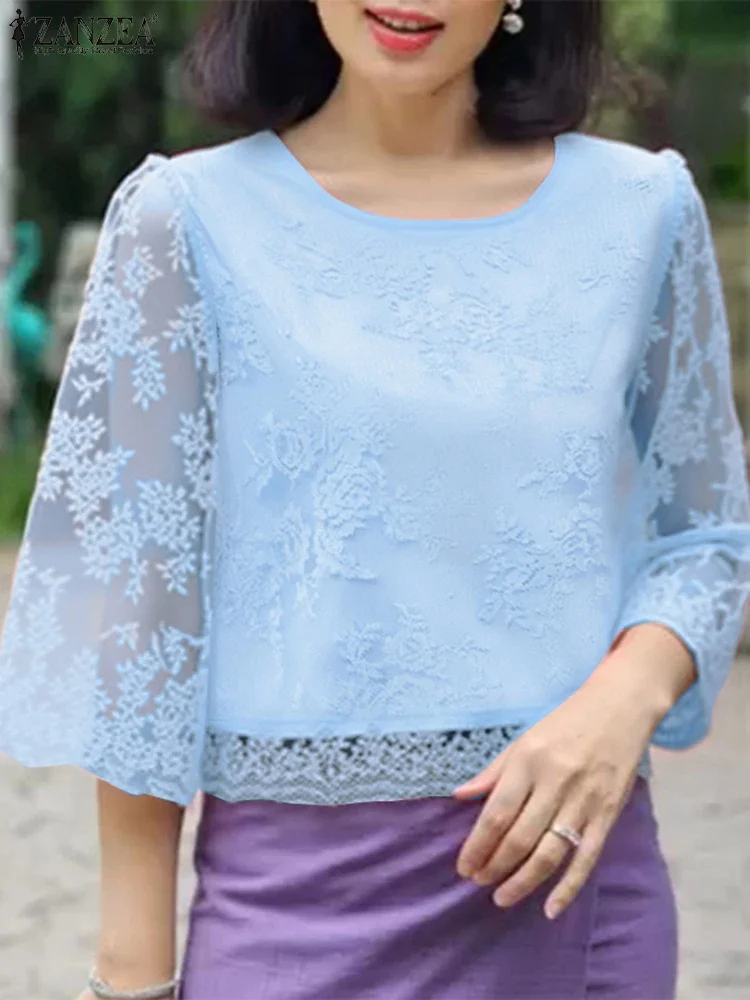 

Casual Lace Blouse Women Transparent Tops Elegant 3/4 Sleeve Tunic 2025 ZANZEA Oversized Fashion O Neck Vintage Hollow Out Blusa