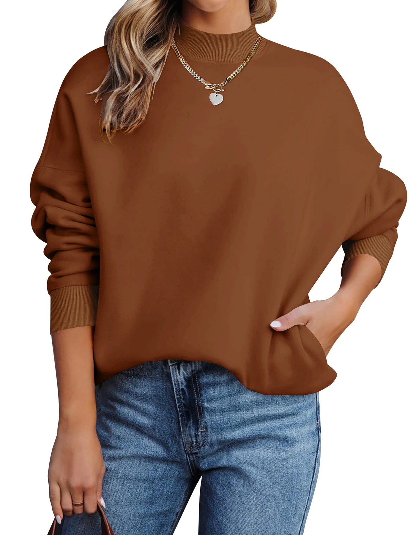 Autumn Winter Women Casual Solid Color Long Sleeve Standing Collar Loose Pullover With Pocket Sweatshirt Tops