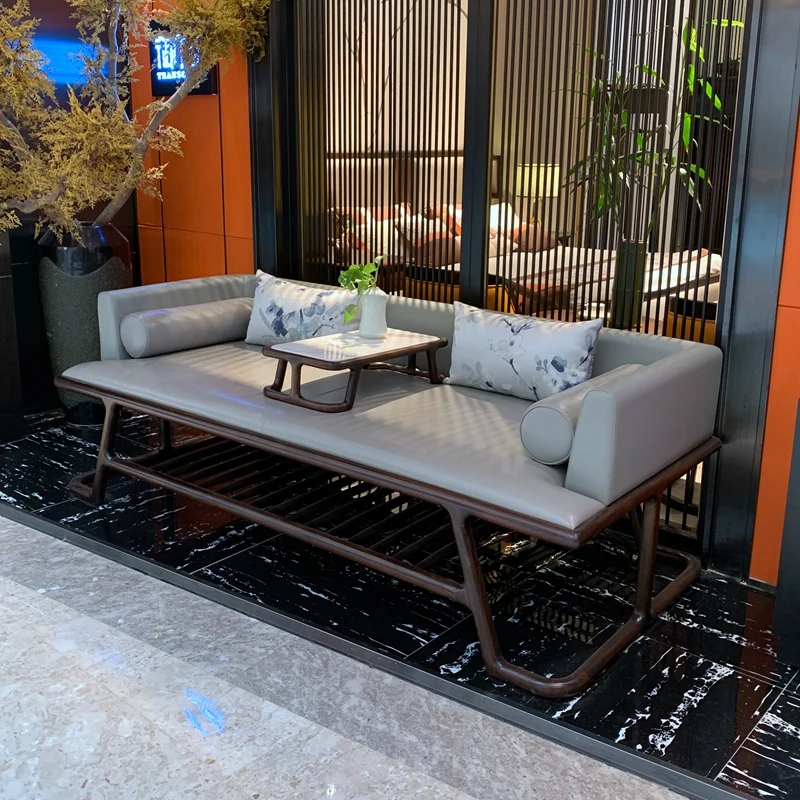 New Chinese-style North American black walnut Arhat bed, office leather double seat sofa, Song-style aesthetic solid wood