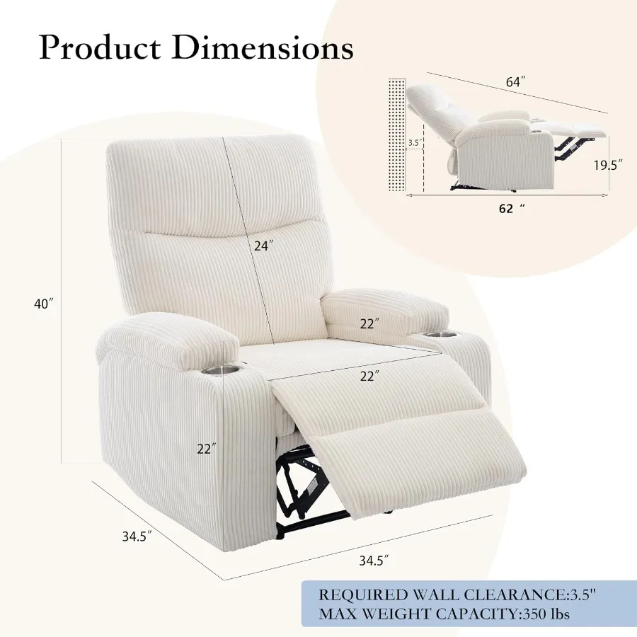 Living Room, Nursery, RV, Office Manual Chair with Pull Ring, Corduroy Fabric, Beige, 3-Position 140 Reclining Oversized Chair