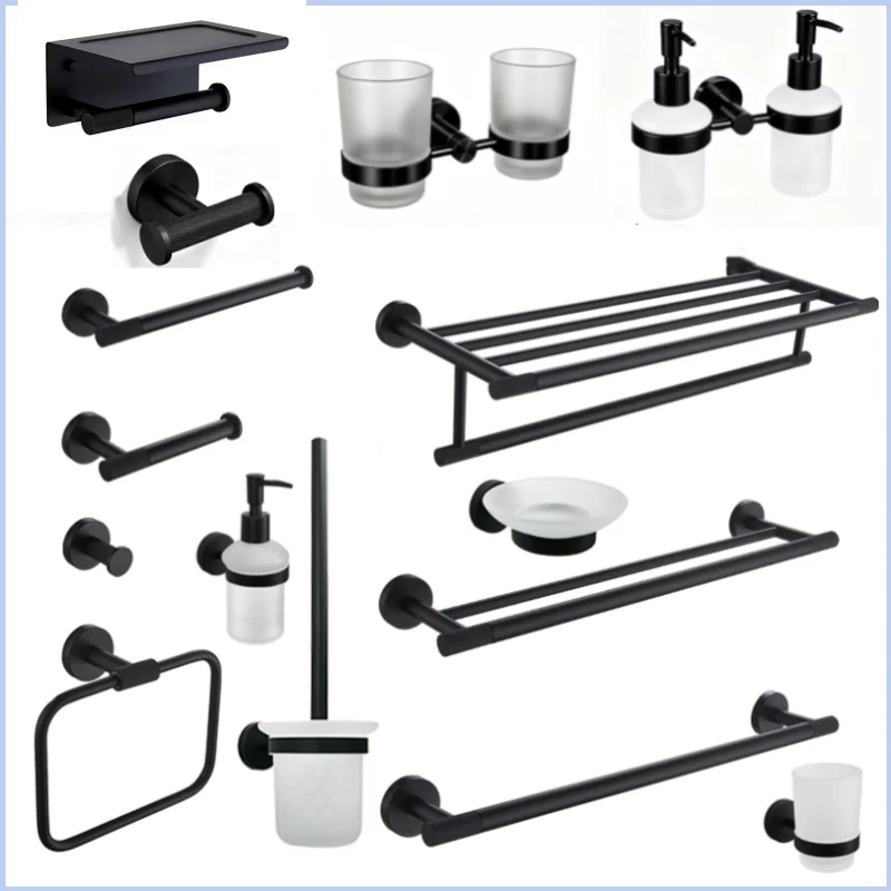 Matt Black Wall-mounted Elegant Bathroom Set Paper Towel Stick Toilet Bathrobe Hook Double Cup Holder Double Soap Dispenser
