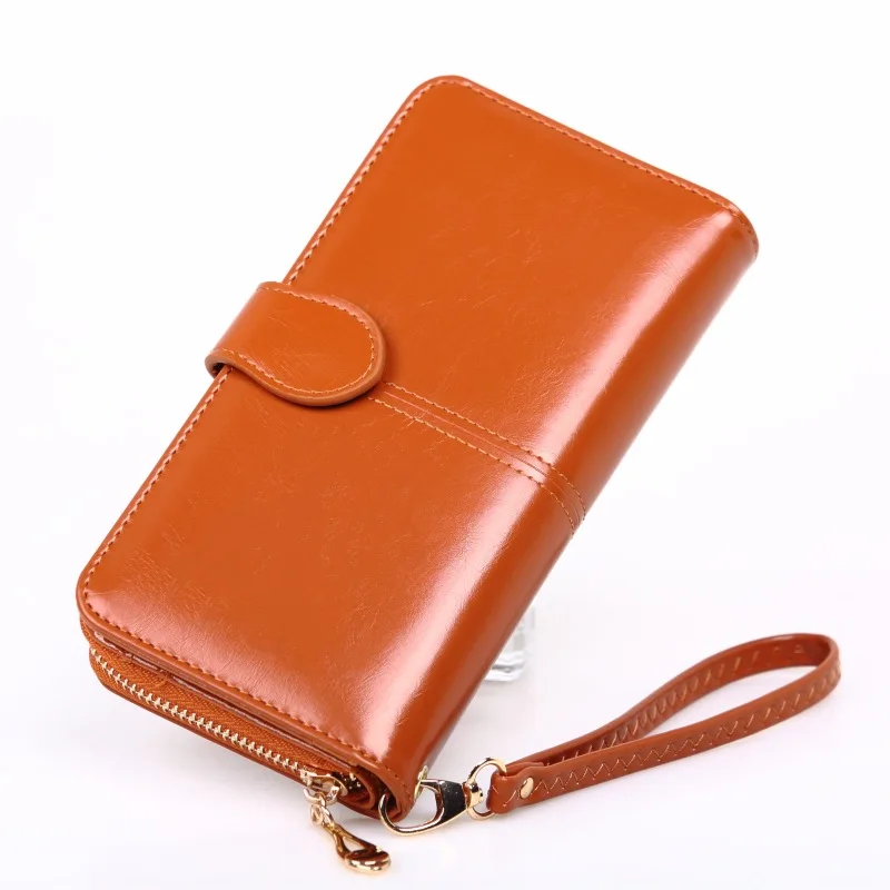 New Women Long Oil Leather Trifold Wallet Large Capacity Zipper Phone Clutch Purse Fashion Handheld Card Holder Organizer Bag