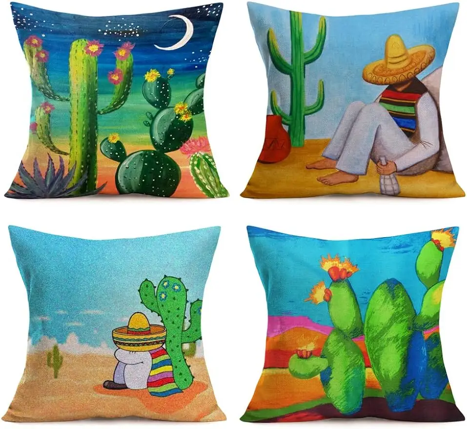 

4 Pack Cartoon Cactus Decorative Pillow Case Tropical Plant Succulent Cacti Throw Pillow Covers 18x18in with Colorful Flowers