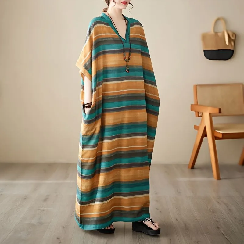 Large Size Loose Cotton and Linen Vacation Style Long Dress Streak Beach Dresses Female Home Dress Sleepwear Women