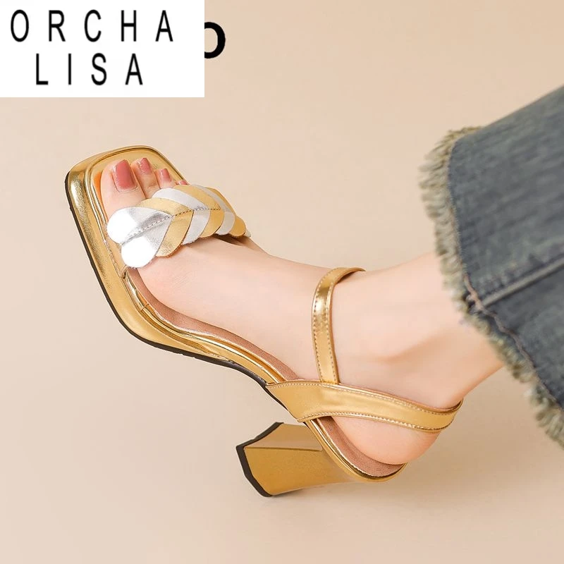 

ORCHA LISA Design Женские сандалии с квадратным носком на блочном каблуке 9 см на платформе 2 см с пряжкой и ремешком Разноцветные туфли большого размера 44 45 46