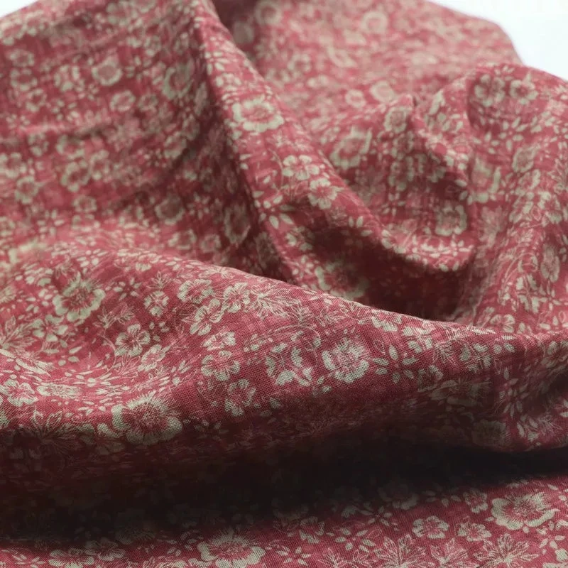 1meter Ramie Cotton Linen Blend Fabric Deep Red Tiny Floral Print Vintage Soft Breathable Lightweight Dress Qipao DIY Sewing