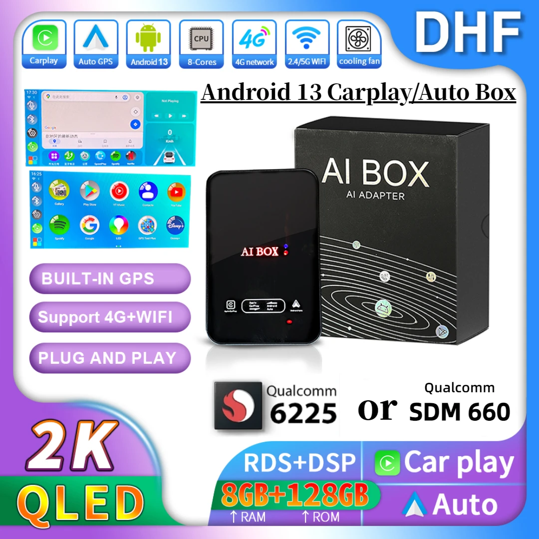 

DHF Android CarPlay Apple проводной к беспроводному ТВ Ai Box Qualcomm 6225/SDM660 8-ядерный автомобильный адаптер для Kia Toyota Mazda VW BMW Audi