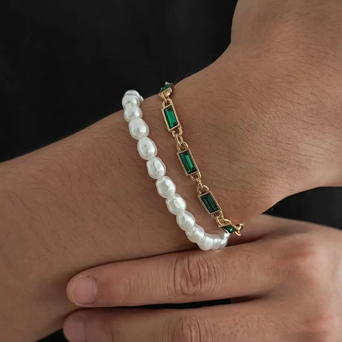 KunJoe 2Pcs/Set Exquisite Imitation Pearl Acrylic Rhinestone Bracelet Men New Trendy Handmade Elastic Bracelets Y2K Jewelry Gift