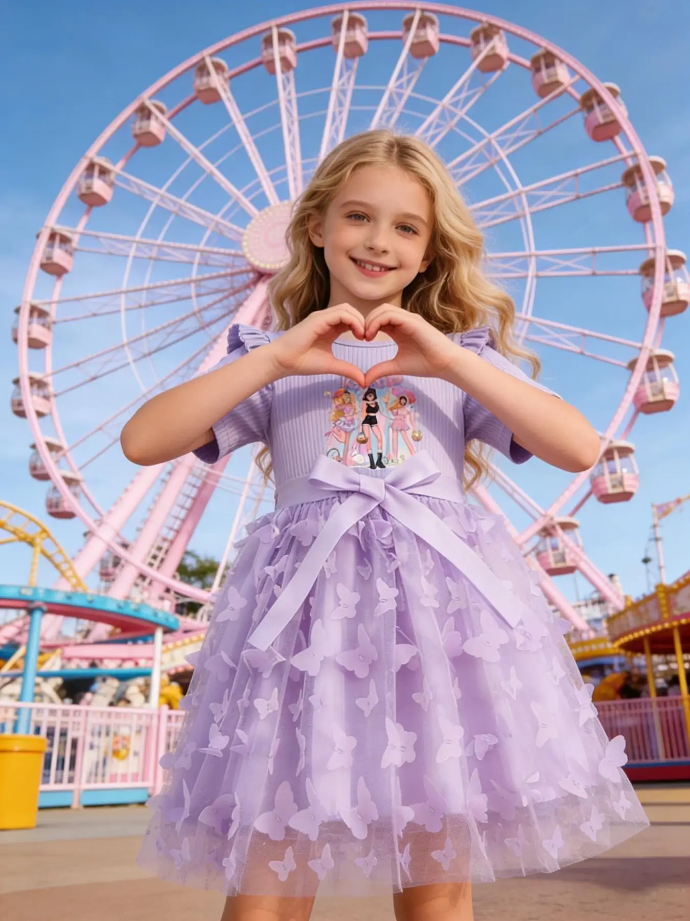 Lila Tüllkleid für Mädchen, K-POP-Cartoon-Print, gerippte Flatterärmel, große Schleife, 3D-Schmetterlings-Tutu-Kleid – Detail 3