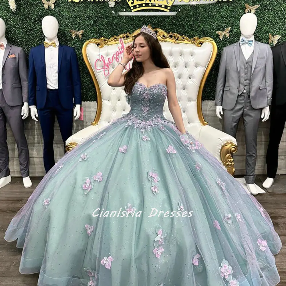 Hortelã verde querida arco bola vestido quinceanera vestidos rosa flores apliques lantejoulas corset vestidos de xv anos