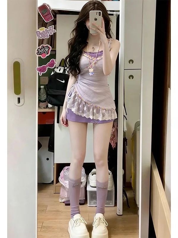 Summer Slimming Lace Trimmed Drawstring Holiday Dress Set Sweet Pure Desire Two-Piece Suit City Commute Street Style Beachwear
