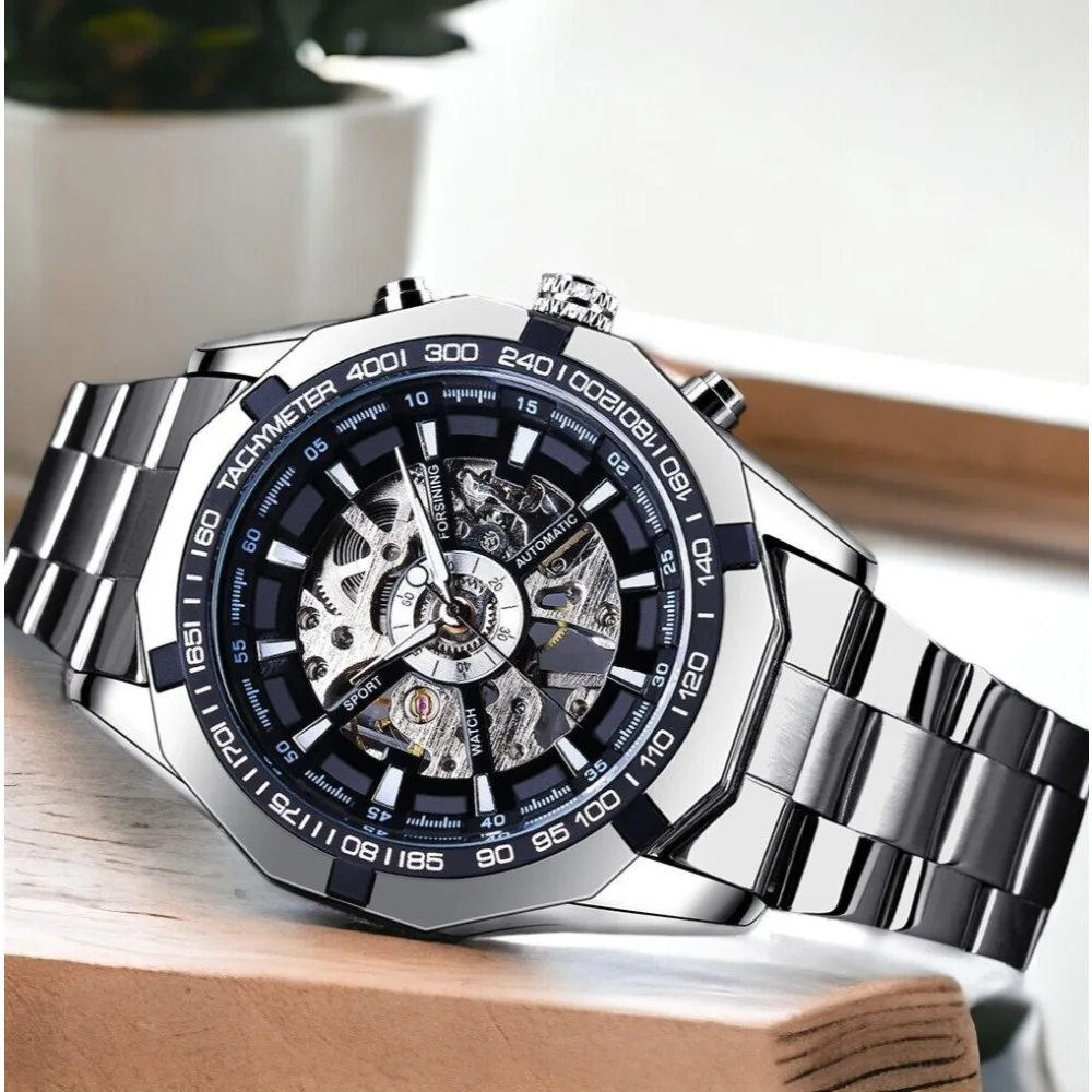 

FORSINING брендовые автоматические механические часы со скелетом и автоматическим заводом, роскошные мужские часы с ремешком из нержавеющей стали, хороший подарок